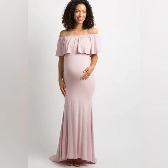 Pinkblush Light Pink Ruffle Off Shoulder Mermaid Maternity Photoshoot Dress - Picture 1 of 5